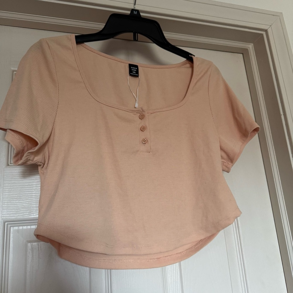 SHEIN Pink Cropped Buttoned Blouse Short Sleeve